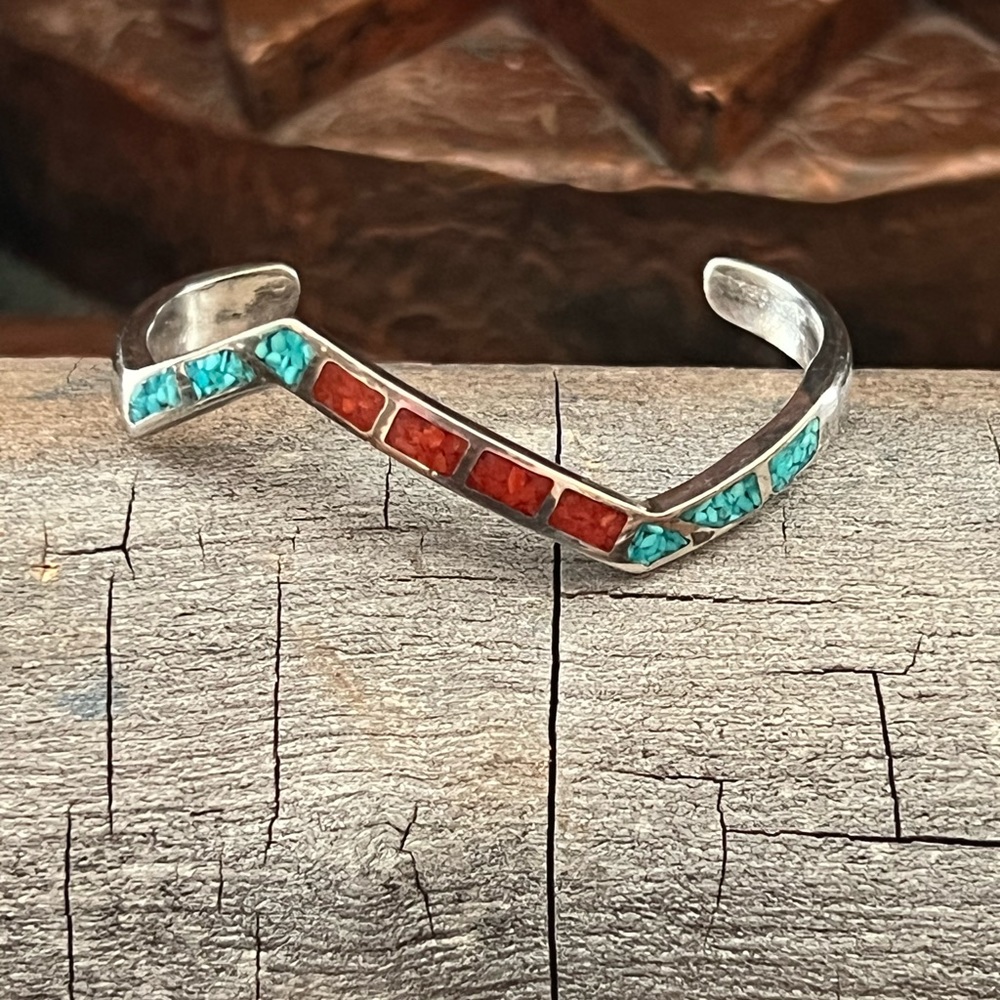Vintage Sterling Silver Turquoise and Coral Inlay Bracelet